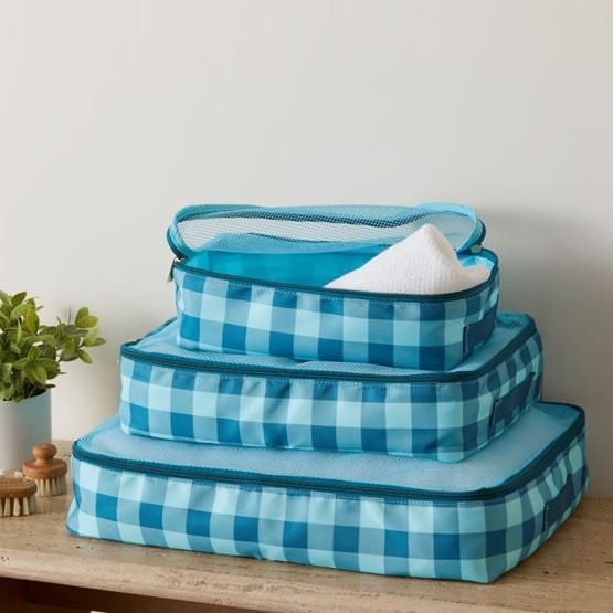 Blue Check Travel Storage Bags Set of 3