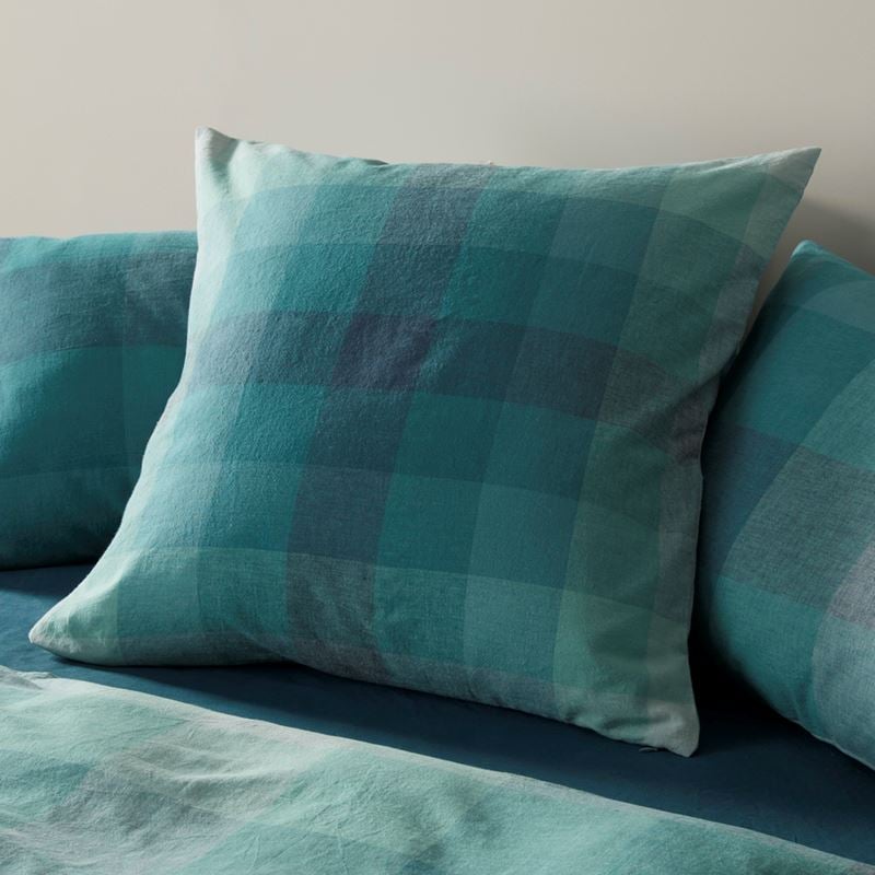 Vintage Washed Linen Cotton Ombre Check Teal Quilt Cover Set + Separates