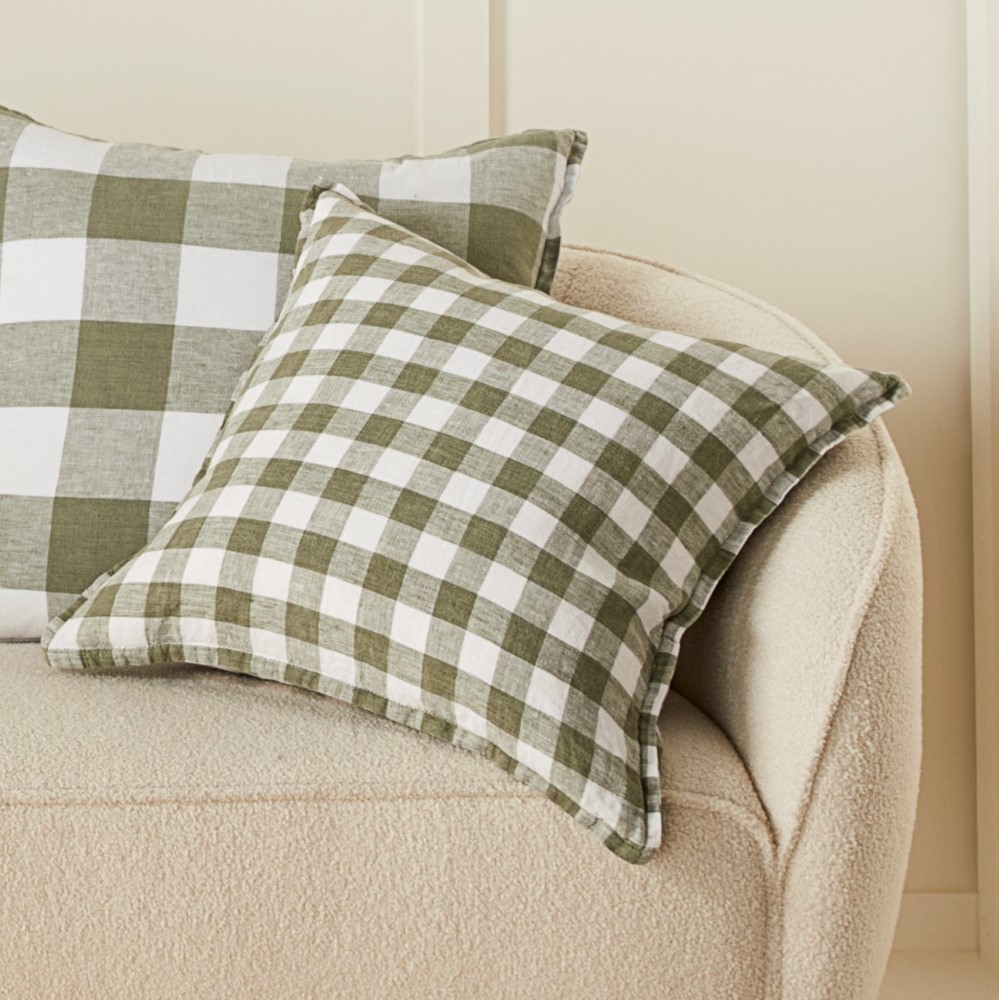 Belgian Forest & White Check Vintage Washed Linen Cushion | Adairs