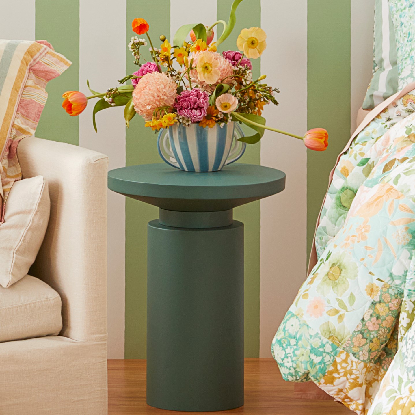 teal pedestal table