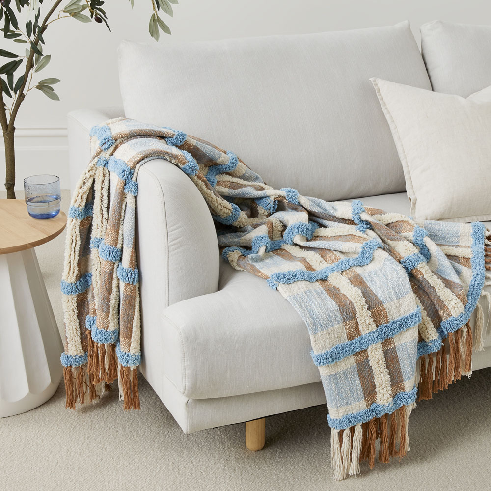 Ani Natural Blue Check Throw Adairs