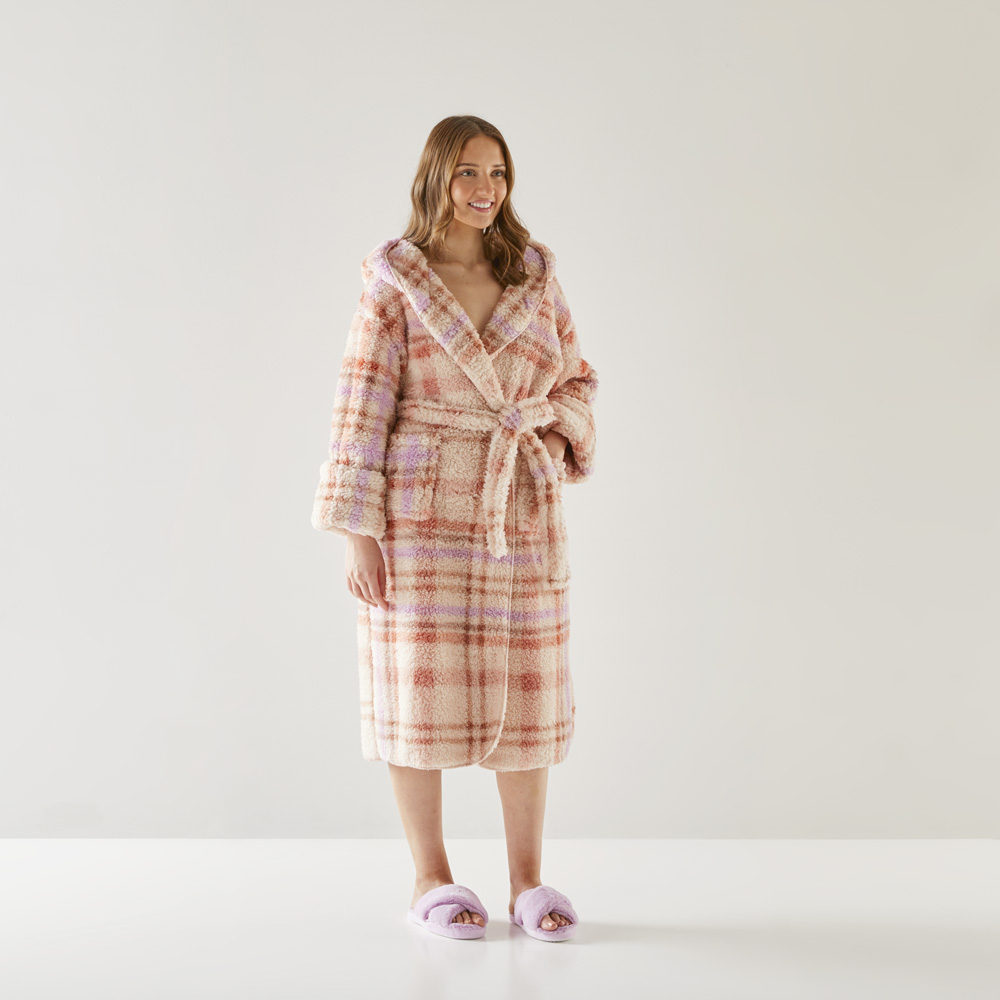 Printed Sherpa Sunset Check Hooded Robe Bathroom Adairs