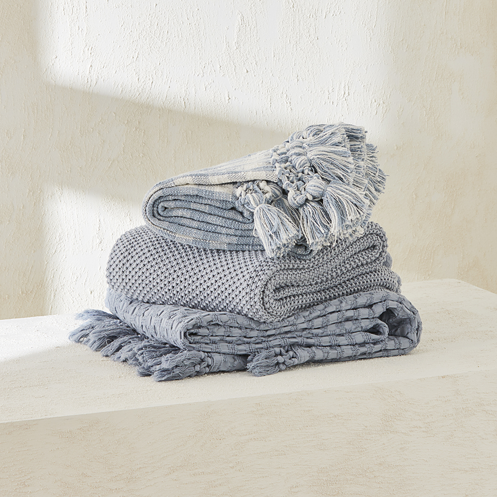 Pom Pom Light Denim Throw Adairs