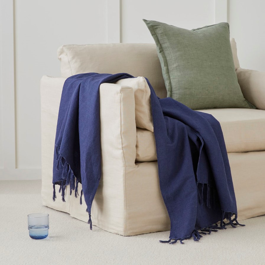 Iris Navy Linen Cotton Throw Adairs