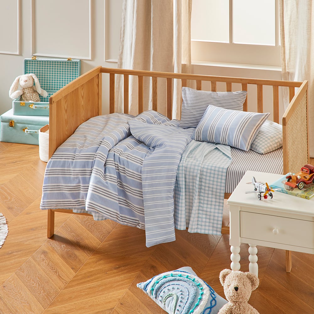 Adairs Kids Heirloom Theodore Yarn Dyed Blue Stripe Cot Quilt Cover Set Adairs