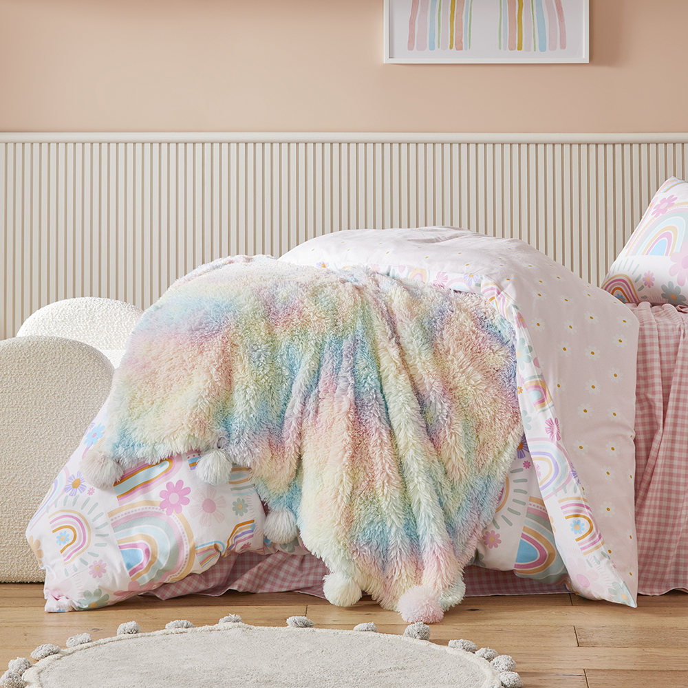 Snuggly Sherpa Rainbow Pom Pom Throw Kids Throws Blankets