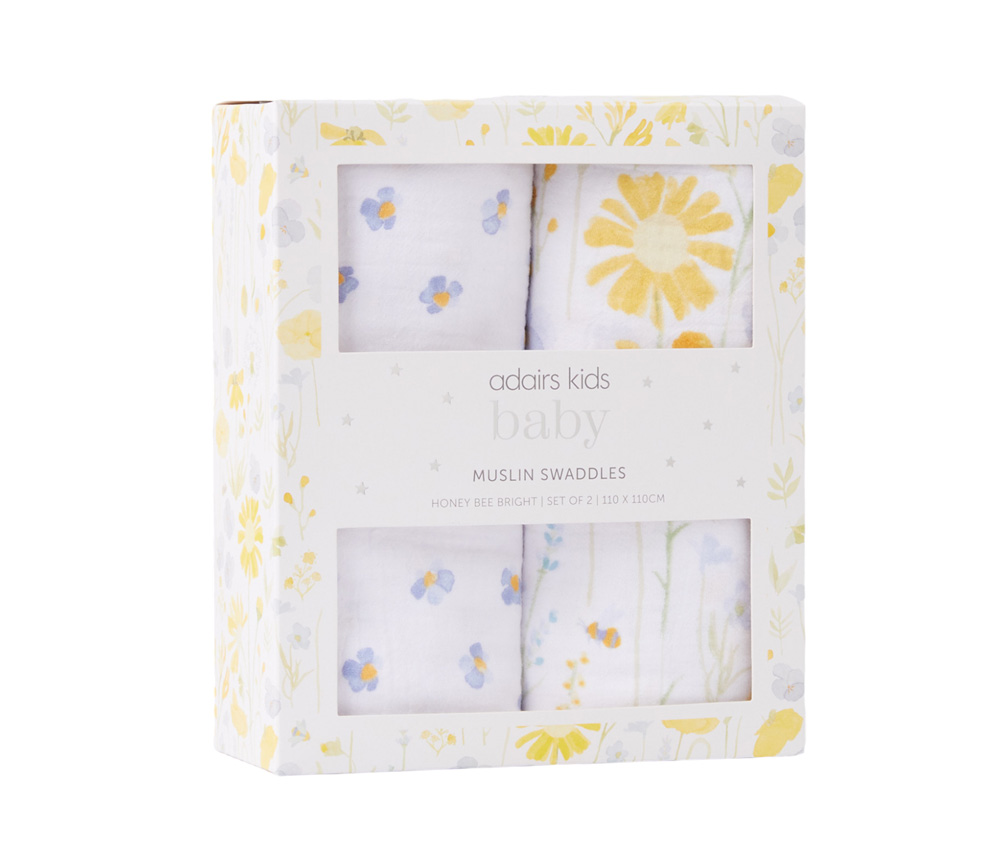 Adairs Kids Honey Bee Bright Lemon Cotton Muslin Baby Swaddles