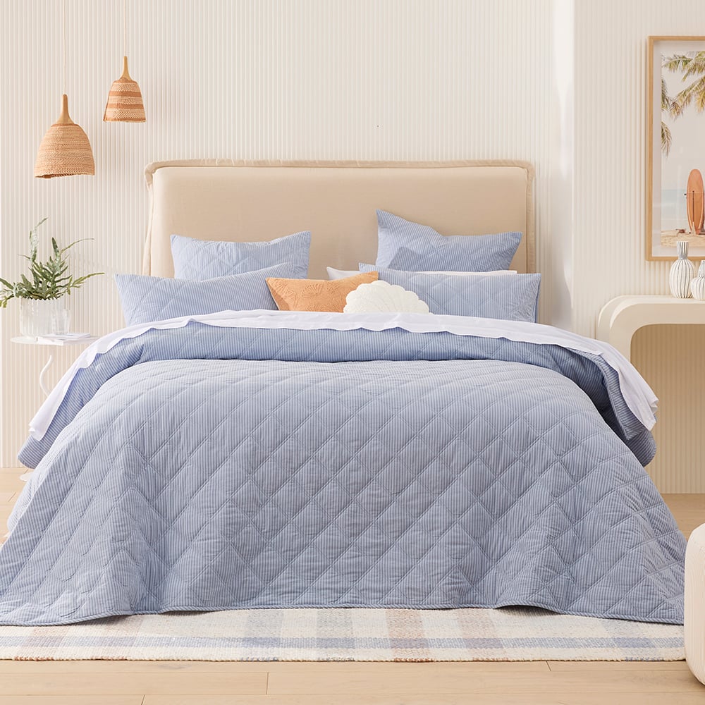 Stonewashed Cotton Printed Thin Chambray Stripe Quilted Coverlet 