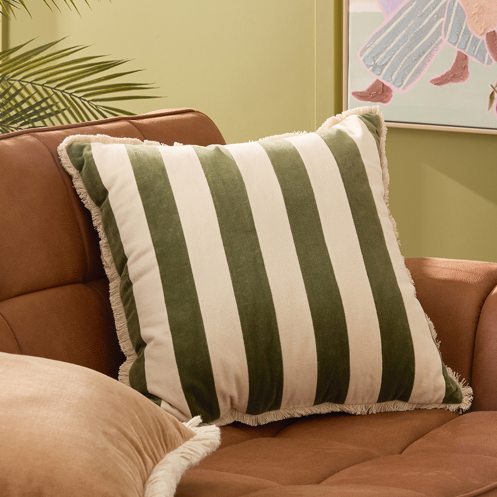 Bernie Green Natural Stripe Velvet Cushion Adairs