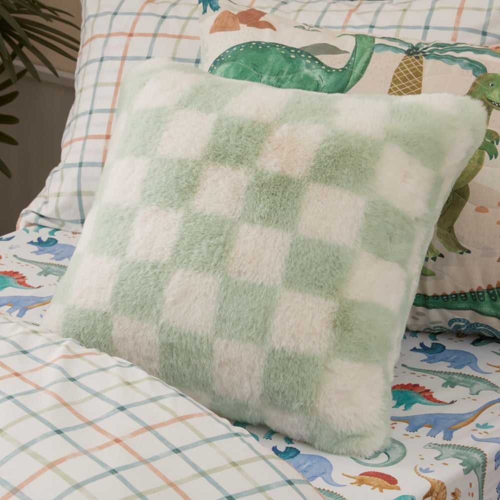 Adairs Kids - Frankie Pastel Green Check Faux Fur Cushion | Adairs