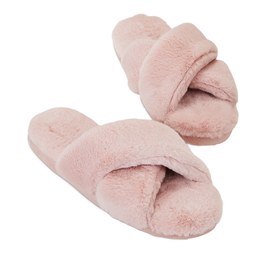 Crossover Dusty Rose Fur Slippers Adairs