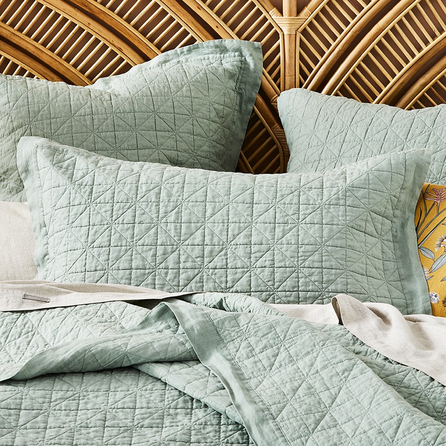 Vintage Washed Linen Eucalyptus Quilted Pillowcase | Adairs