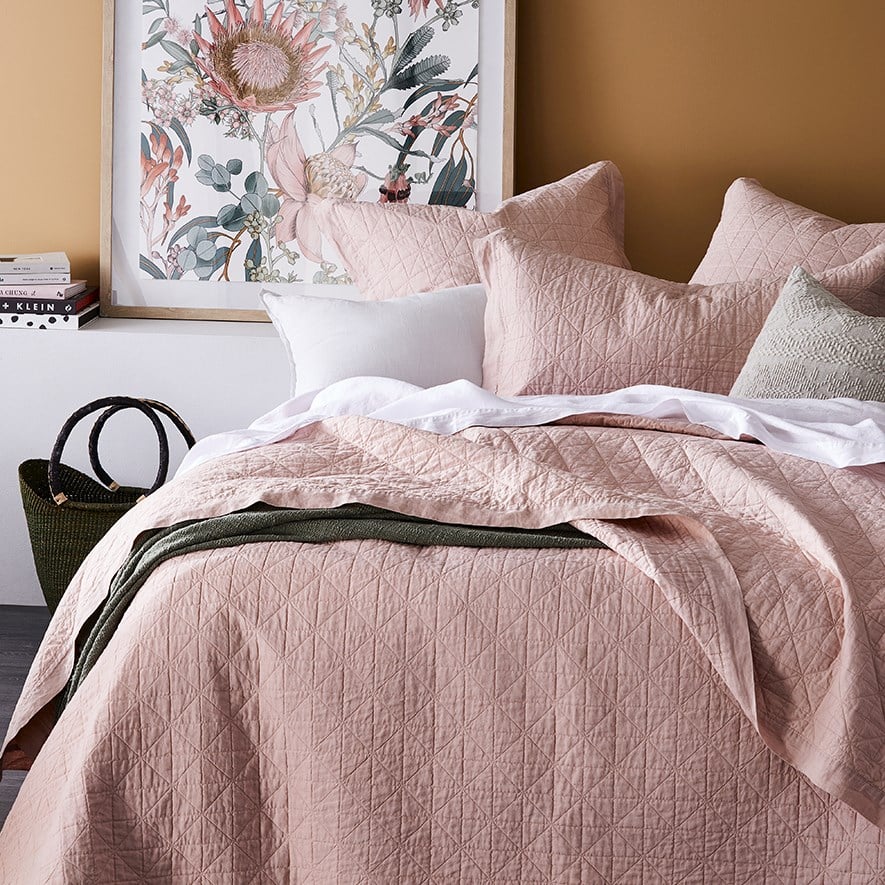 Vintage Washed Linen Nude Pink Quilted Coverlet Separates | Adairs