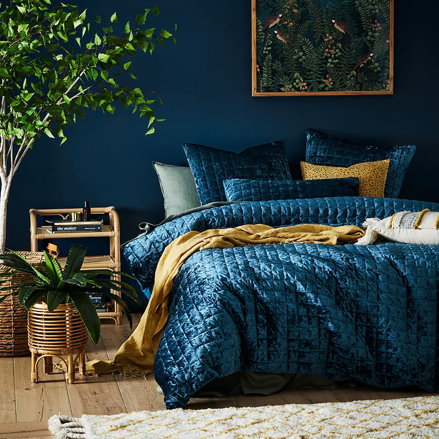 York Velvet Navy Quilted Quilt Cover Separates | Adairs