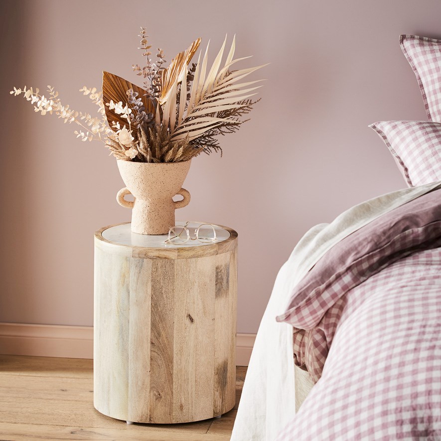 white and timber side table