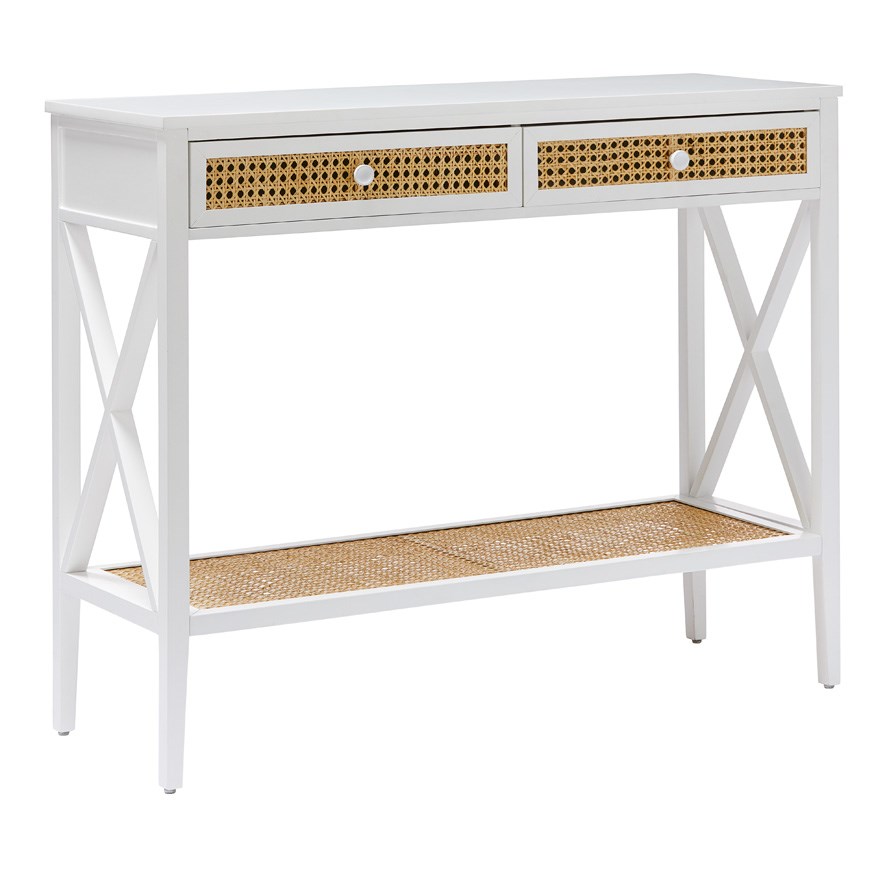 white and rattan console table