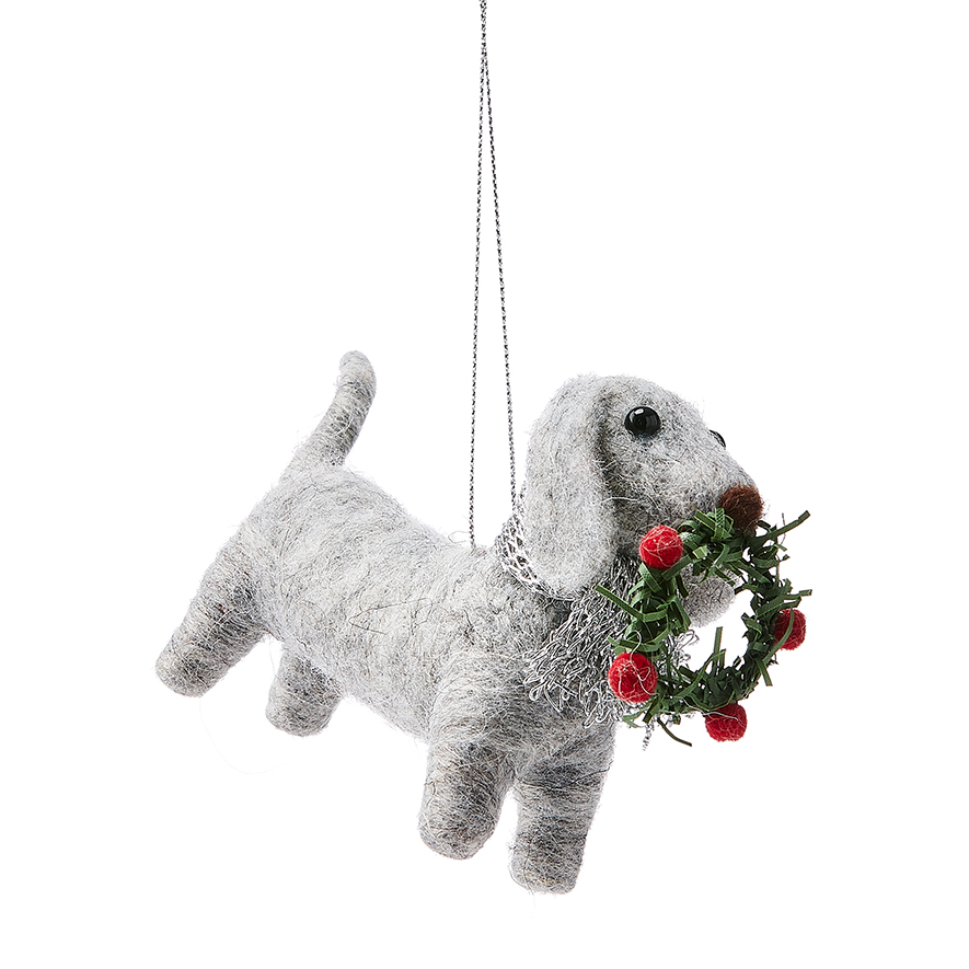 Dog with Wreath Grey Felted Friends Ornament | Adairs