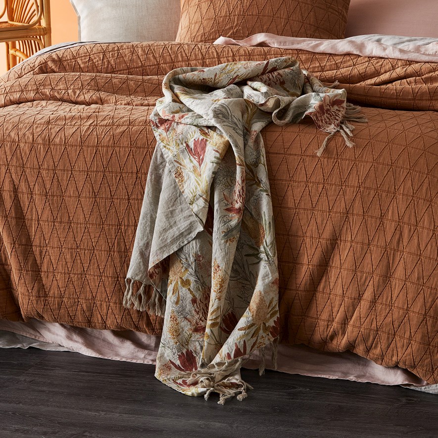 Waratah Floral Rust Linen Throw Adairs