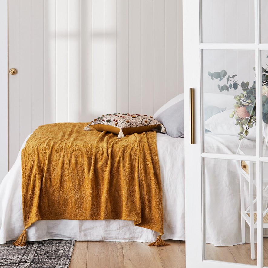 Mustard yellow bed throw sale